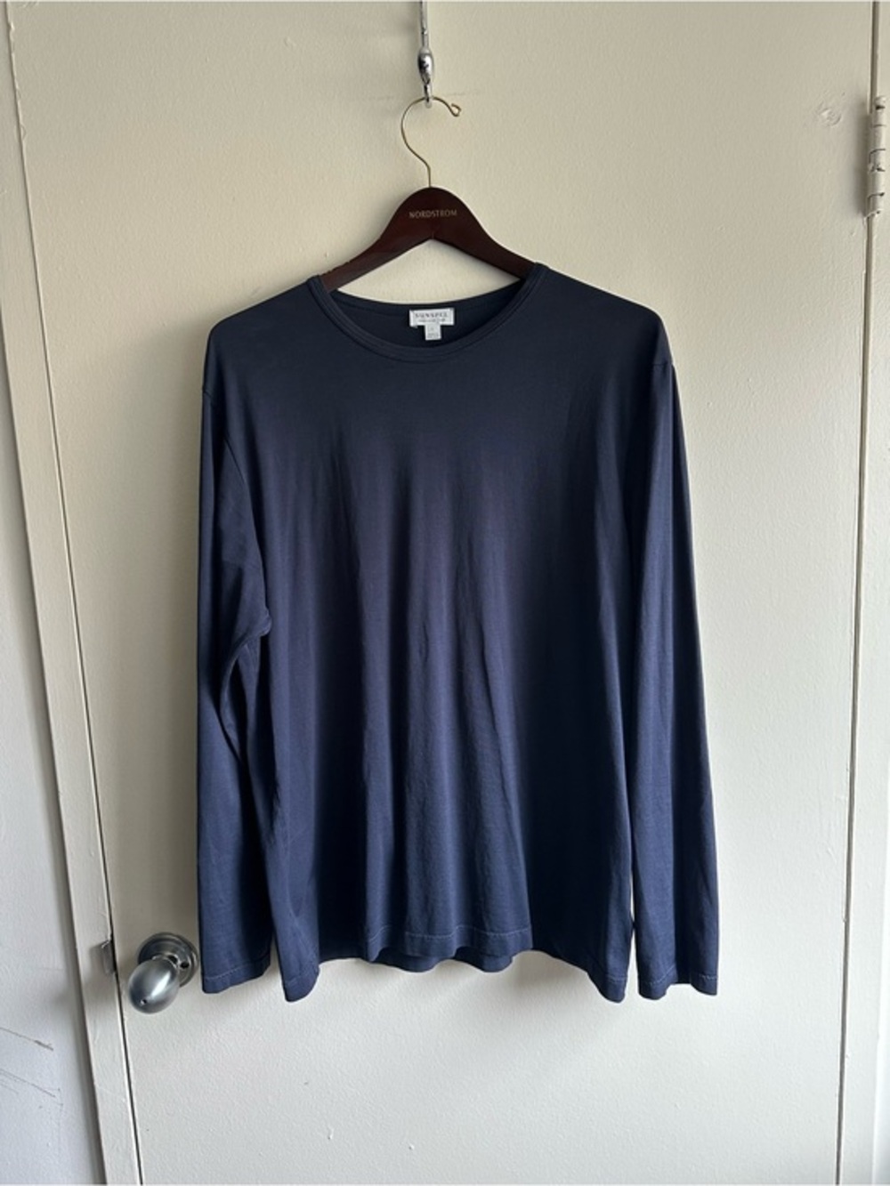 Sunspel England Navy Long-Sleeve Crewneck Shirt